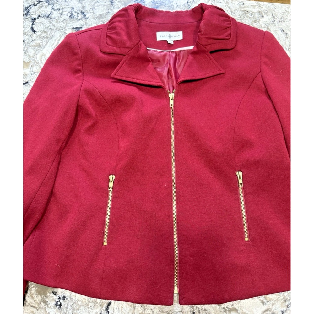 Kate & Rosy Women Solid Red Polyester Long Sleeve Full Zip Front Fitted Jacket L